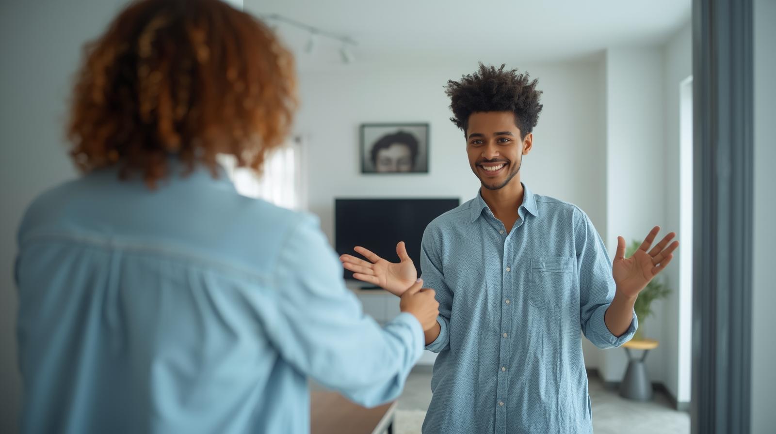 Anfitrião feliz recebendo uma família em seu imóvel de temporada